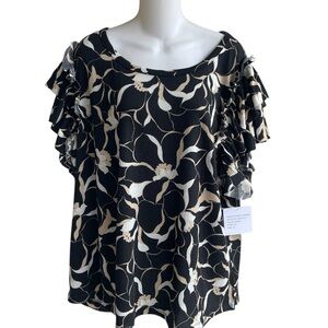 Stella & Ginger Soft Ribbed Floral Top Black Multi Short Ruffle Sleeves 3X NWT